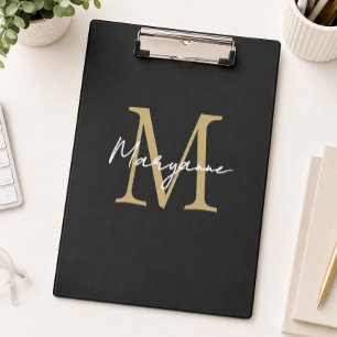 Modern Monogram Black Gold Clipboard