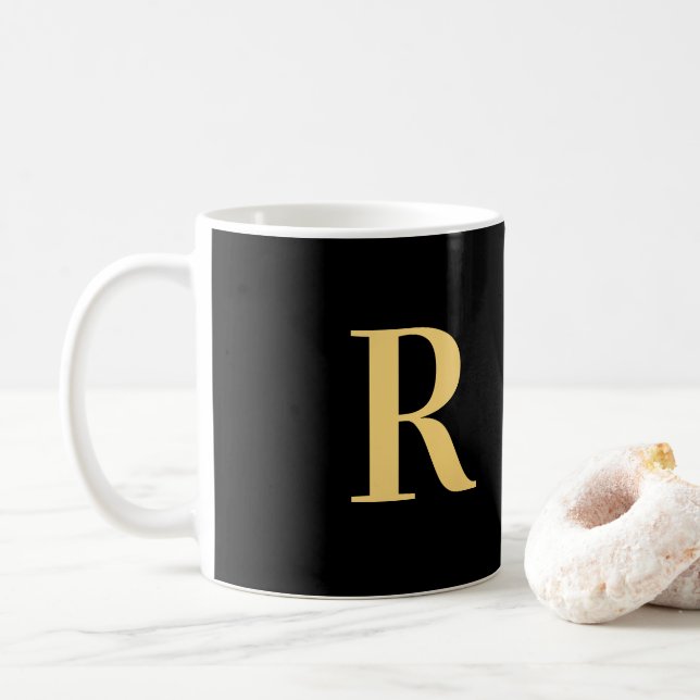 Modern Monogram Black Gold Coffee Mug (With Donut)