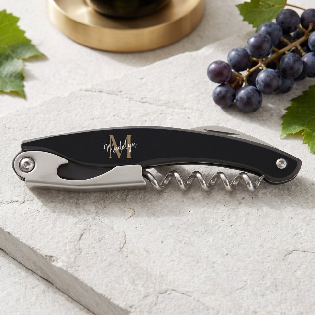 Modern Monogram Black Gold Elegant Script Name Corkscrew (Creator Uploaded)