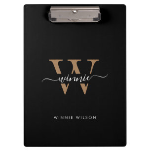 Modern Monogram Black Gold Minimal Script Name Clipboard
