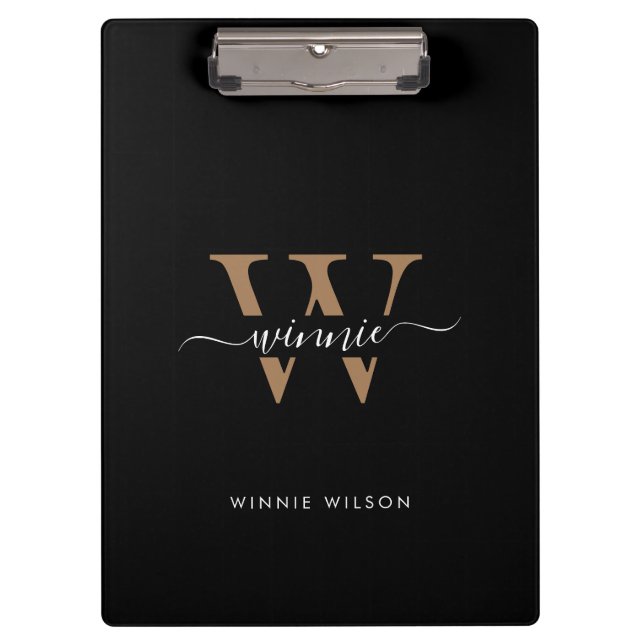 Modern Monogram Black Gold Minimal Script Name  Clipboard (Front)
