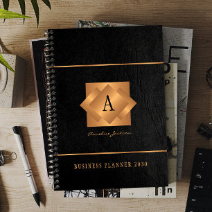 Modern monogram black gold name script elegant planner
