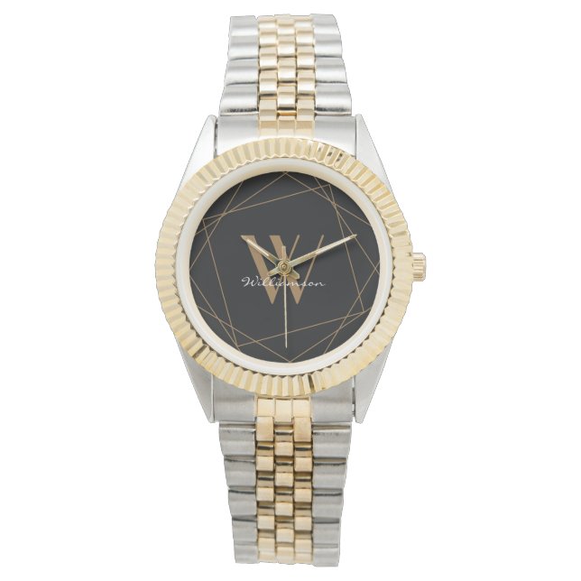 Modern Monogram Black Gold Name Script Watch (Front)