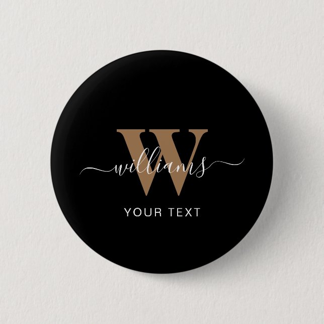Modern Monogram Black Gold Script Initial Name 6 Cm Round Badge (Front)