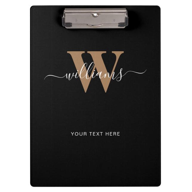 Modern Monogram Black Gold Script Initial Name Clipboard (Front)