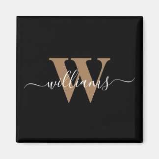 Modern Monogram Black Gold Script Initial Name Magnet