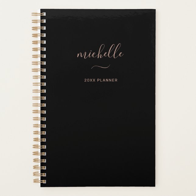 Modern Monogram Black Gold Script Monthly Weekly  Planner (Front)