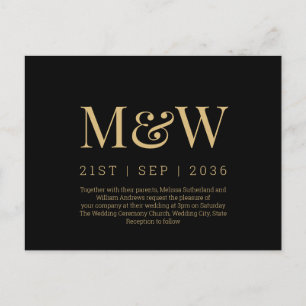 Modern Monogram Black Gold Wedding Invitation Postcard
