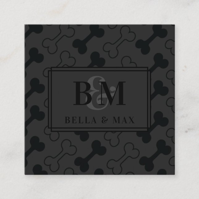 Modern Monogram Black on Black Dog Bone Pattern Square Business Card (Front)