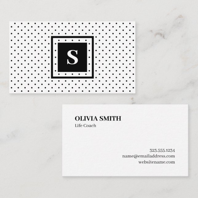 Modern Monogram Black on White Polka Dot Pattern Business Card (Front/Back)