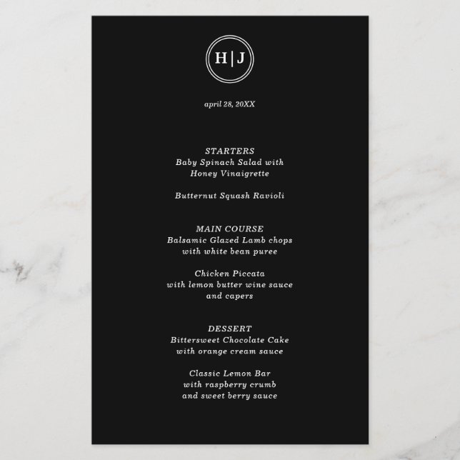 Modern Monogram Black Paper Menu (Front)