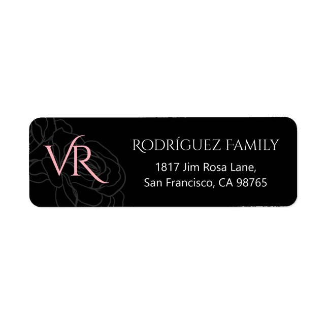 Modern Monogram Black Pink Roses Return Address Label (Front)