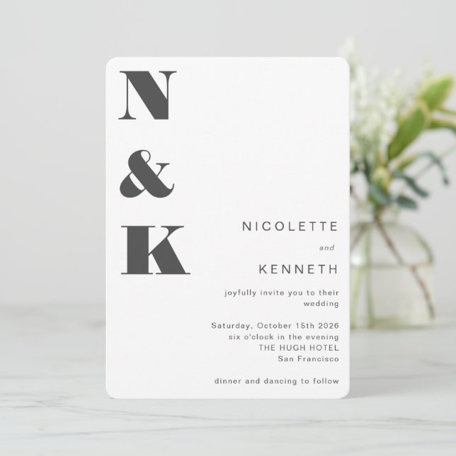 Modern Monogram Black White Bold Elegant Wedding Invitation (Standing Front)