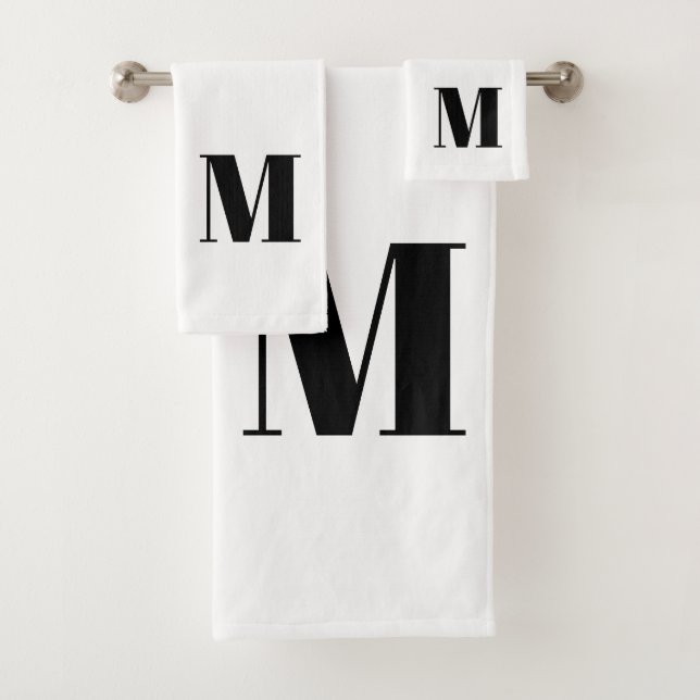 Modern monogram black white custom initial letter bath towel set (Insitu)