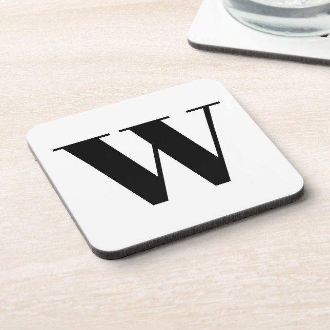Modern monogram black white custom initial letter coaster (Left Side)