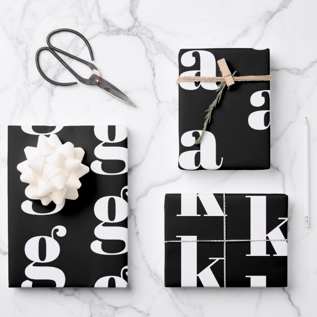 Modern monogram black white custom initial letter wrapping paper sheet (Front)