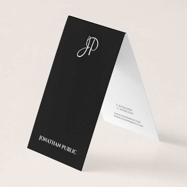 Modern Monogram Black White Elegant Simple Folded Business Card (Front)