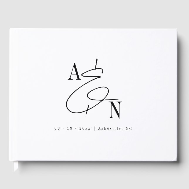 Modern Monogram Black White Elegant Wedding Guest Book (Front)