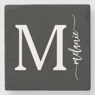 Modern Monogram Black White Stone Coaster