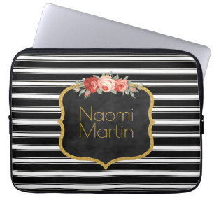 Modern Monogram Black White Stripes   Roses Gold Laptop Sleeve