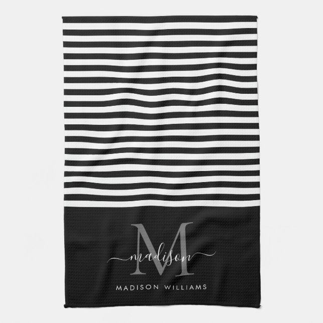 Modern Monogram Black White Stripes Script Name Tea Towel (Vertical)