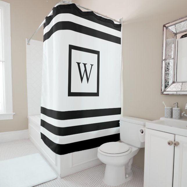 Modern Monogram Black White Stripes Shower Curtain (In Situ)