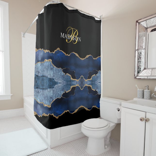 Modern Monogram Blue Black Agate Gold Shower Curtain (In Situ)