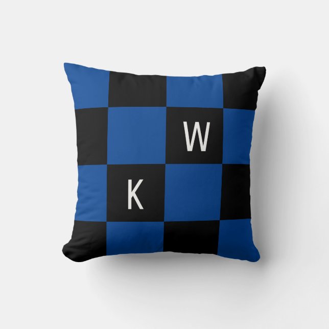 Modern Monogram Blue Black Check Cushion (Front)