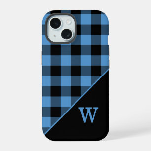 Modern Monogram Blue Black Gingham Plaid Pattern iPhone 15 Case