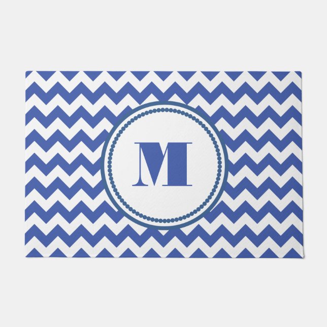 Modern Monogram Blue Chevron Doormat (Front)