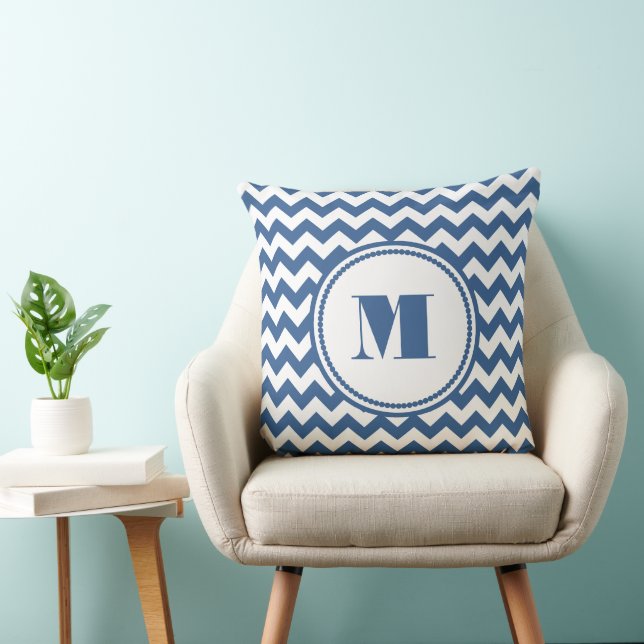 Modern Monogram Blue Chevron Pattern Cushion (Chair)