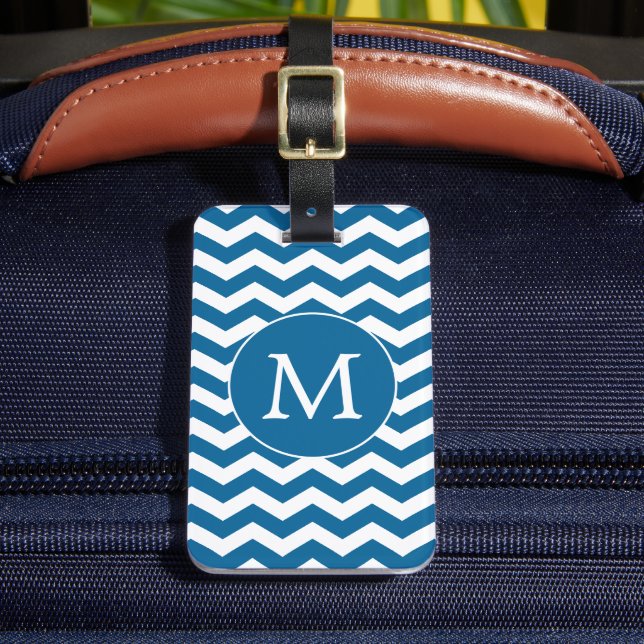 Modern Monogram Blue Chevron Stripes Pattern Luggage Tag (Front Insitu 2)