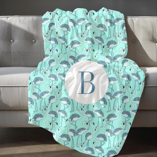 Modern Monogram Blue Flamingos Fleece Blanket