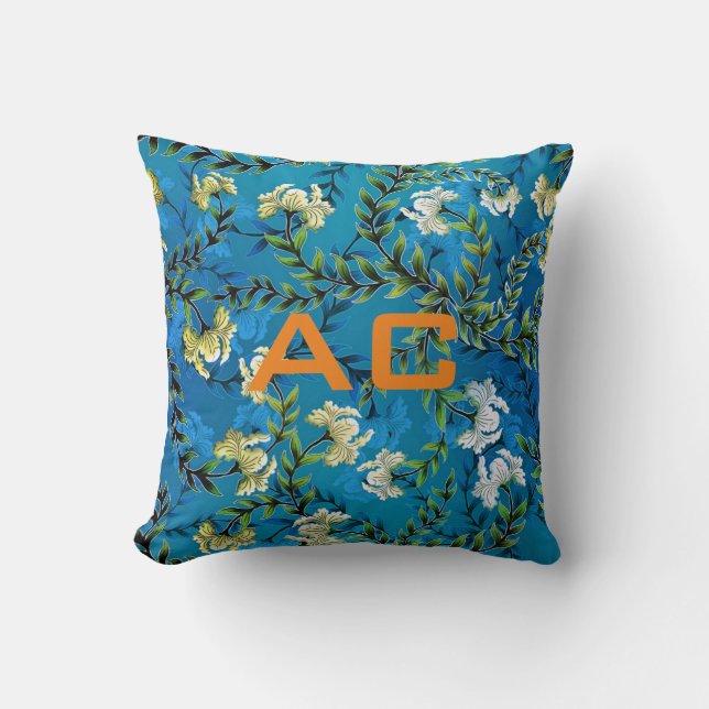 Modern Monogram Blue Floral Chic Cushion (Front)