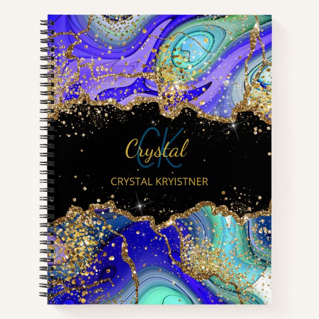 Modern Monogram Blue Green Agate Glitter  Notebook (Front)