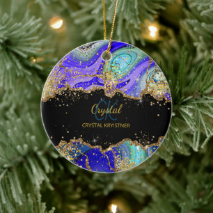 Modern Monogram Blue Green Gold Ceramic Ornament