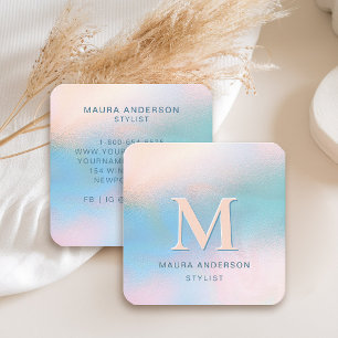 Modern Monogram Blue Peach Teal Holo Elegant Chic Square Business Card