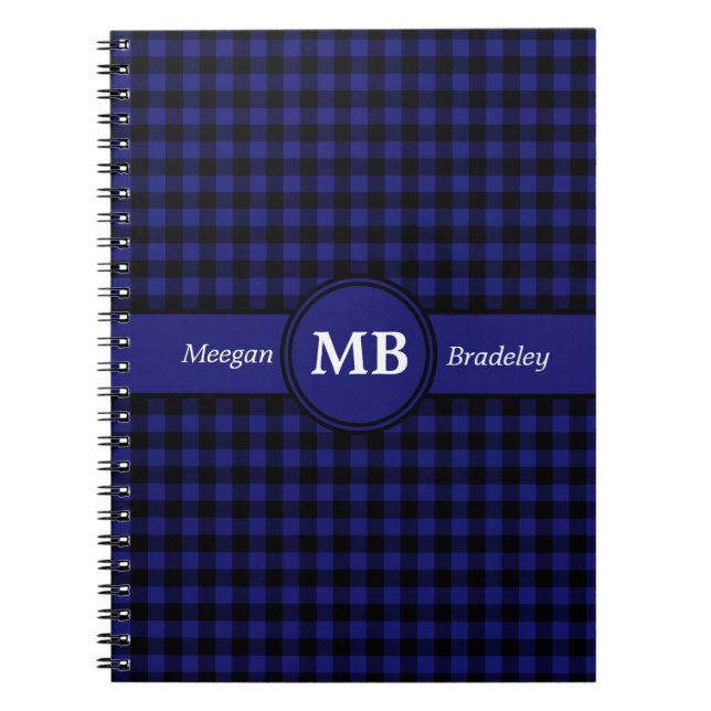 Modern Monogram Blue Plaid Pattern Notebook (Front)
