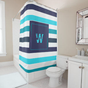 Modern Monogram Blue Teal Stripes  Shower Curtain