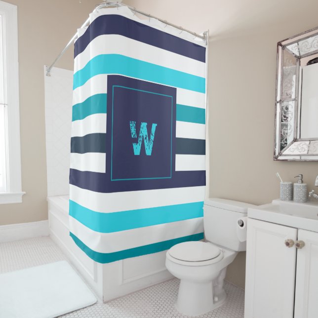 Modern Monogram Blue Teal Stripes  Shower Curtain (In Situ)