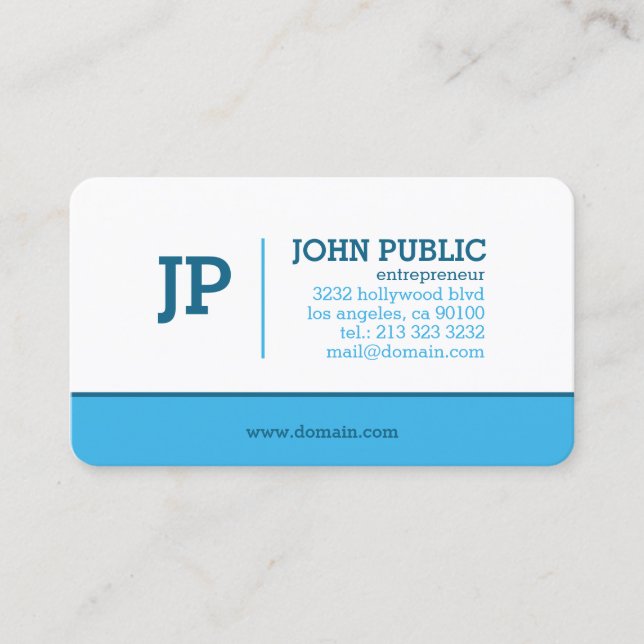 Modern Monogram Blue White Business Card (Front)