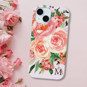 Modern Monogram Blush Pink Floral Bouquet iPhone 15 Case