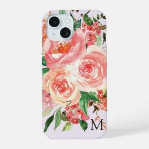 Modern Monogram Blush Pink Floral Bouquet iPhone 15 Case