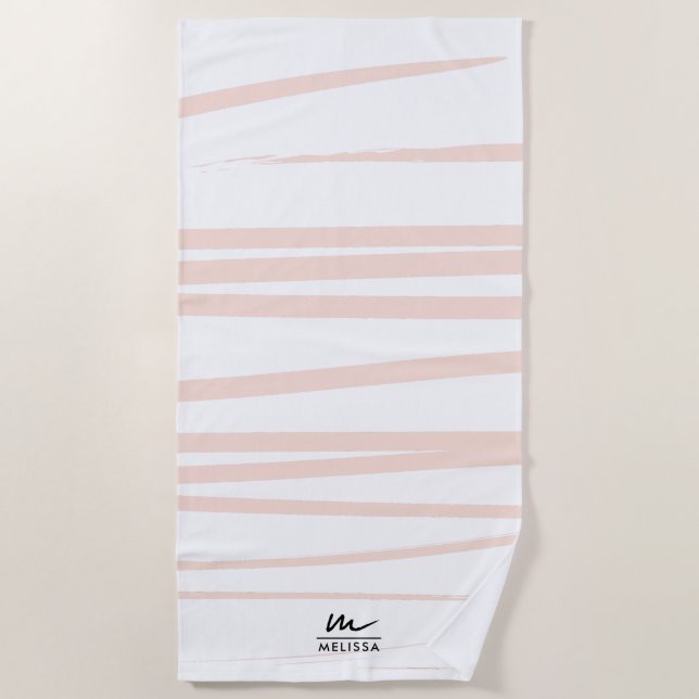Modern Monogram Blush Pink Lines Abstract Art  Beach Towel (Front)