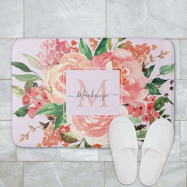 Modern Monogram Blush Pink Spring Flower Floral Bath Mat (In situ bathroom floor)
