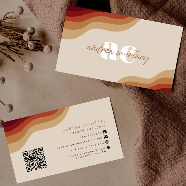 Modern Monogram Boho Beige Terracotta Wavy Line QR Business Card (Creator Uploaded)