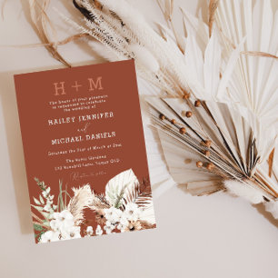 Modern Monogram Boho Floral Terracotta Wedding Invitation