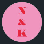Modern Monogram Bold Bright Red Pink Wedding  Classic Round Sticker<br><div class="desc">Modern Aesthetic Monogram Bold Typography Wedding Classic Round Sticker in Pink and Red</div>