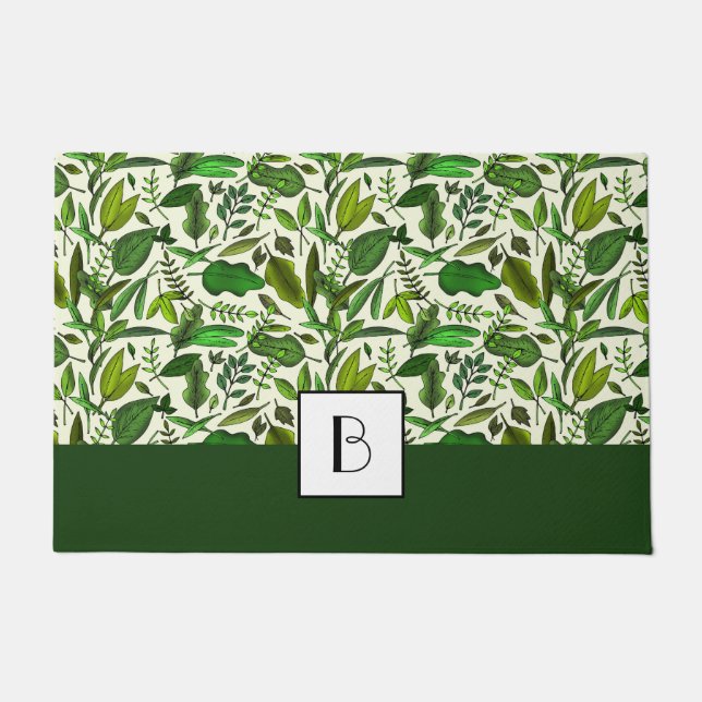 Modern Monogram Botanical Leaves Pattern Doormat (Front)