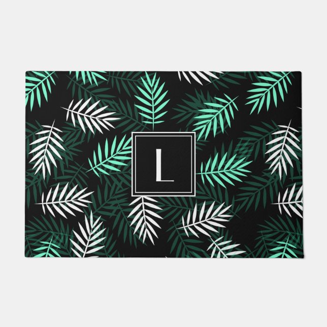 Modern Monogram Botanical Leaves Pattern Doormat (Front)